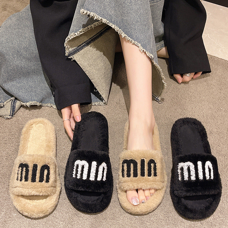 Thick sole fur slippers for women 2024autumnew arrivalpopularfashioncasualcasual style outwear open toe slippers