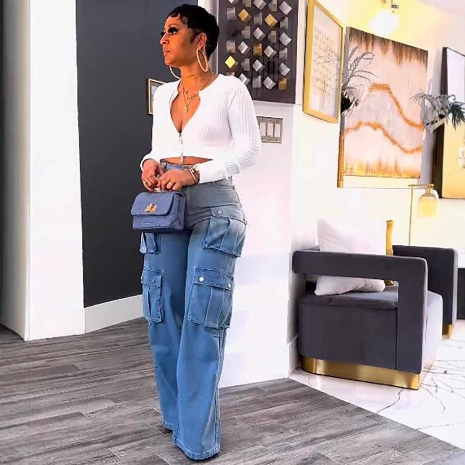 European and american style tie-dye jeans -  cross-border women's fashion high-waisted multi-pocket gradient wide-leg pants