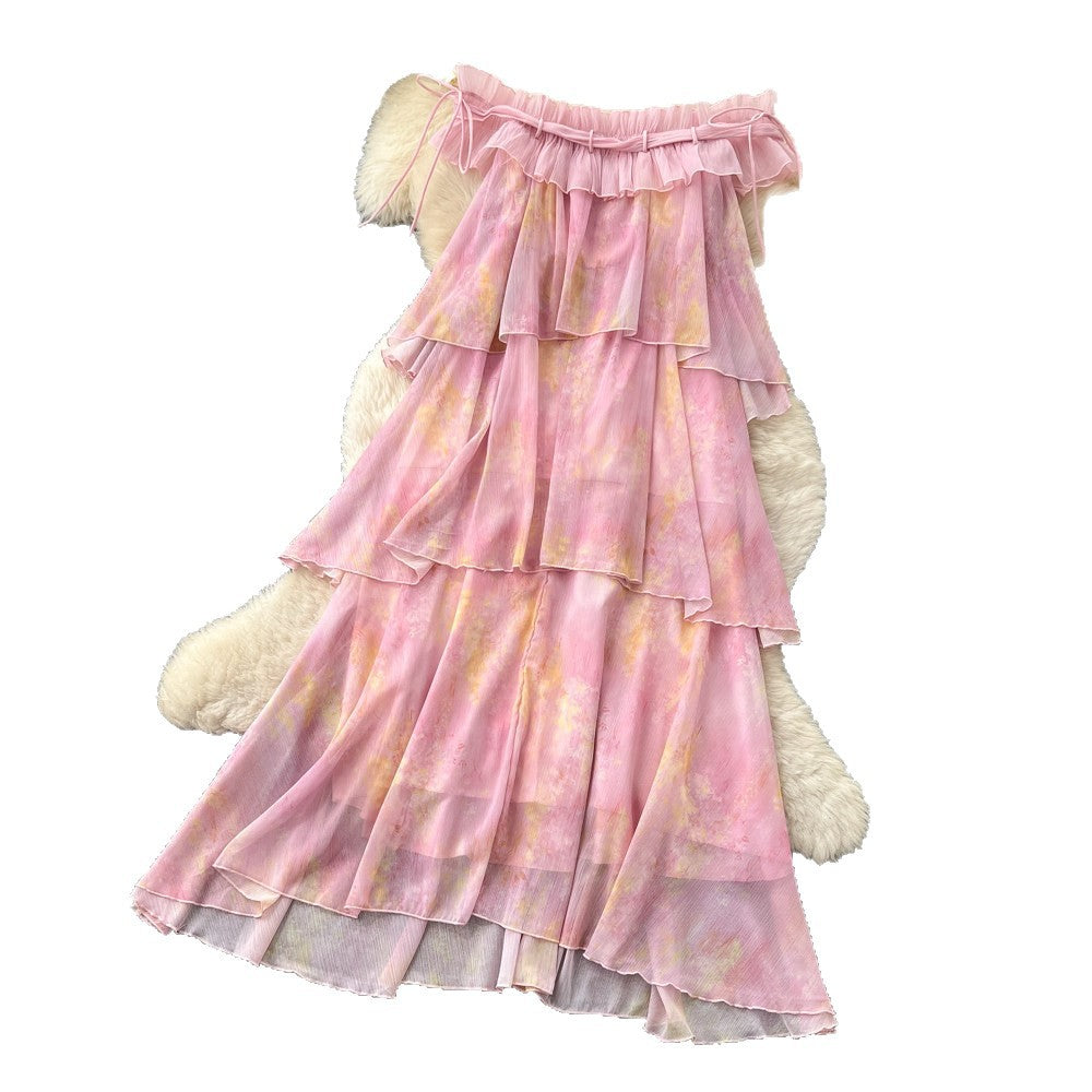 French riviera style pink ruffle cake dress - sleeveless off-the-shoulder a-line summer dress - stunning and unique design