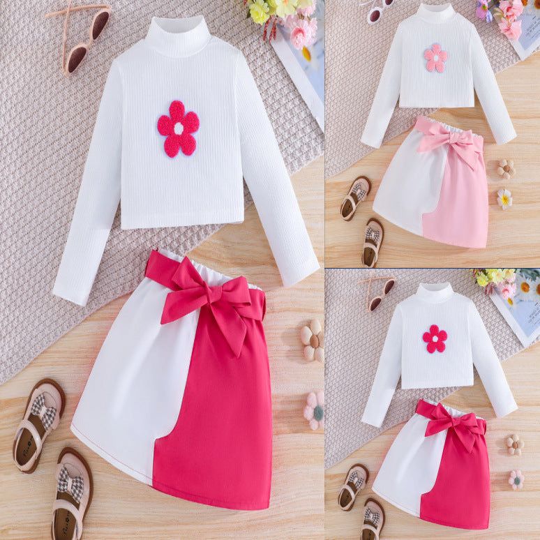 fashionnew arrivalfall and winterfashion small turtleneck with small flowers long sleevestops+bowspatchwork half sleeves