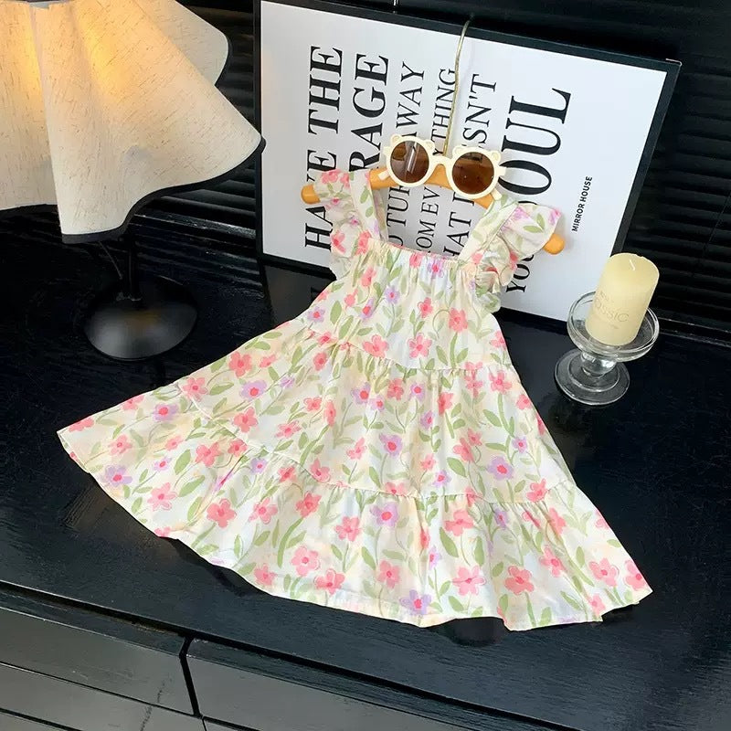 [family wear] children's cotton silk suspender dress sleeveless cake skirt summer thin flying sleeve western style floral skirt