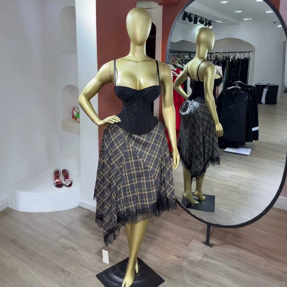 European and american cross-border women's fashion  summer new sexy and elegant fishbone camisole top with plaid midi skirt set