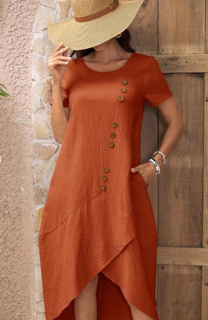 european and american cross-border  independent station new round neck button solid color short sleeve irregular dress