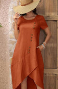 european and american cross-border  independent station new round neck button solid color short sleeve irregular dress