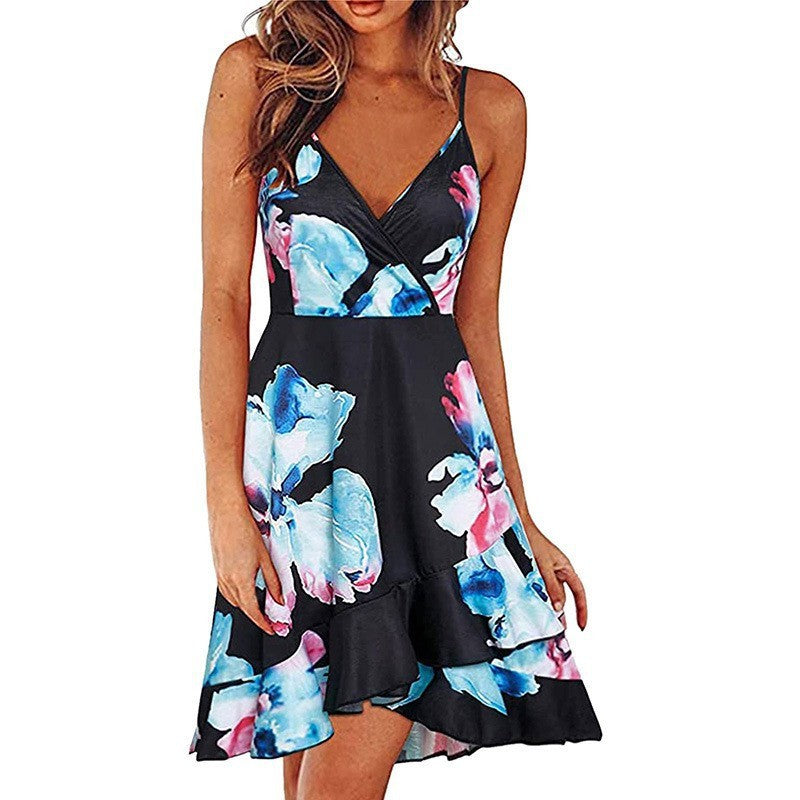 summer new european and american style sexy fashion v-neck cami dress sleeveless backless printed dress
