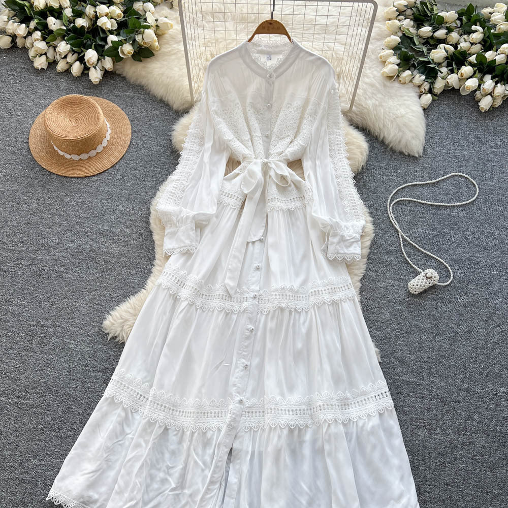 Vintage court style lantern sleeve dress - women's summer hollow-out crochet single-breasted elegant mature lady long dress