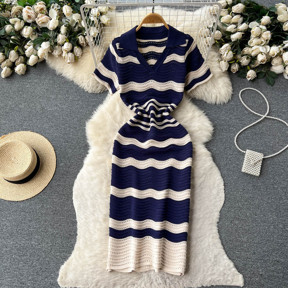 Polo collar short-sleeved stripesknittingdress women's summernew arrival hip-hugging slimming lookniche stylecut outv neck mid-length skirt