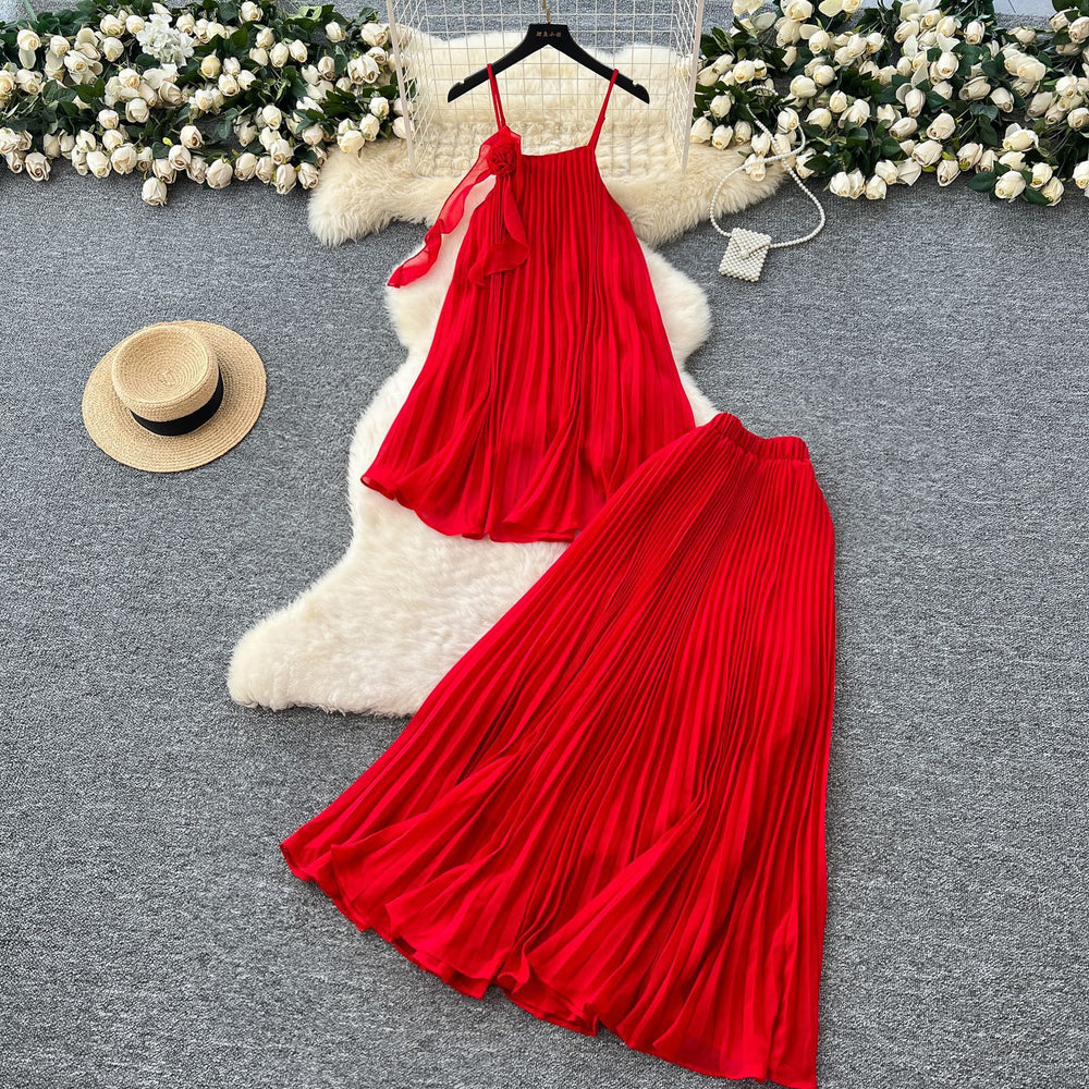 Vacation outfit: women's summer ins style - soft & elegant 3d floral cami top with pleated chiffon skirt & high-waisted, flowy midi skirt