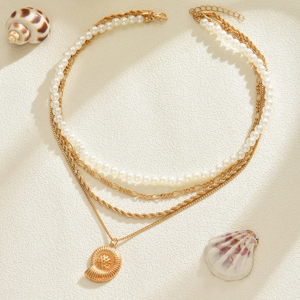 Imitation pearl conch necklace wholesale cross-border jewelry accessible luxury pendant multi-layered design sense vacation clavicle chain for women