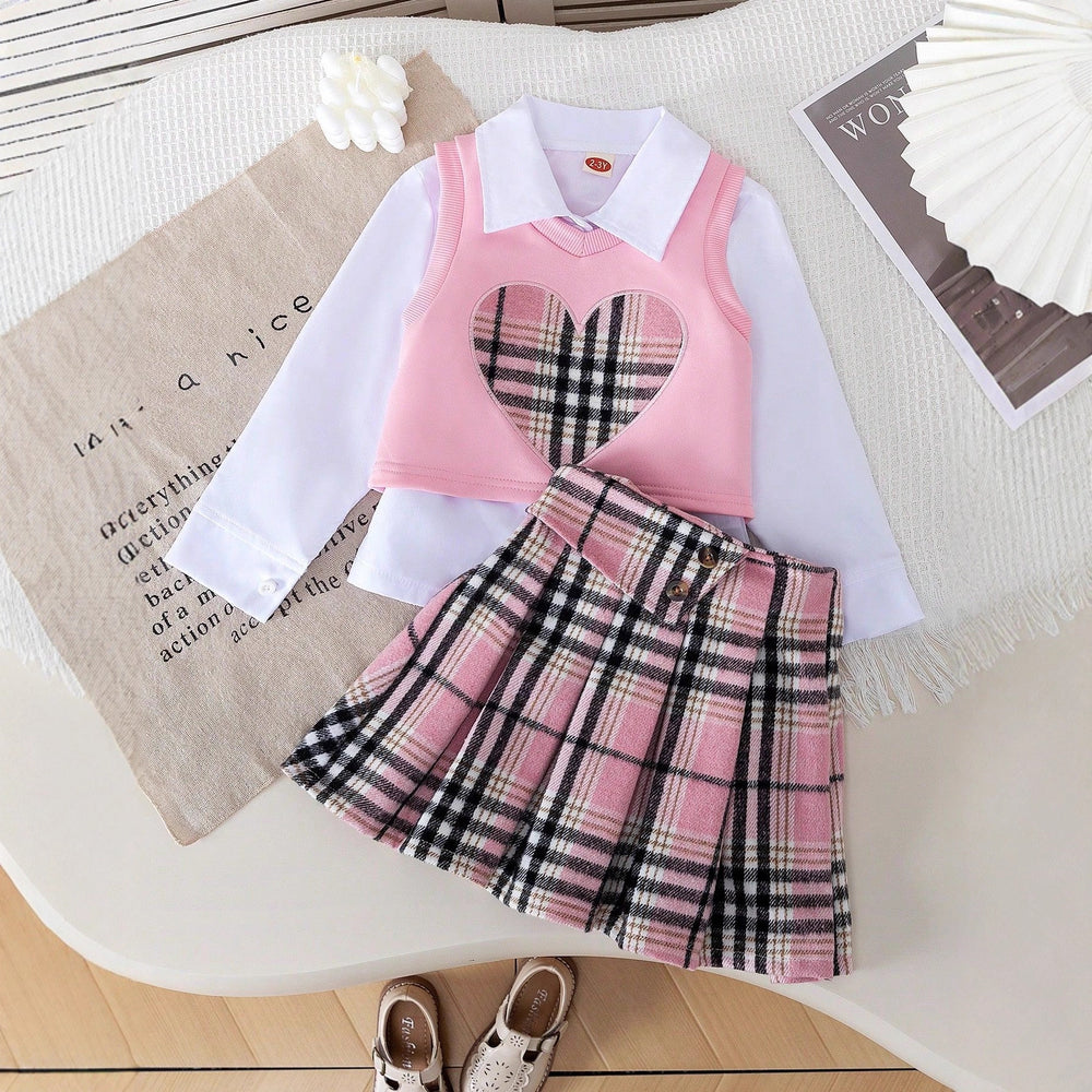new summer cross-border girls' collared shirt, plaid patchwork skirt three-piece set