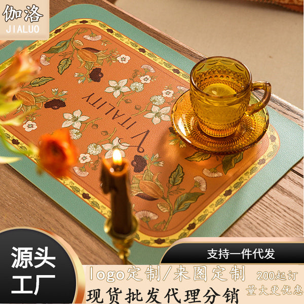 Light luxury retro leather placemat modern flower romantic western food mat household insulation mat American bowl mat coaster ins