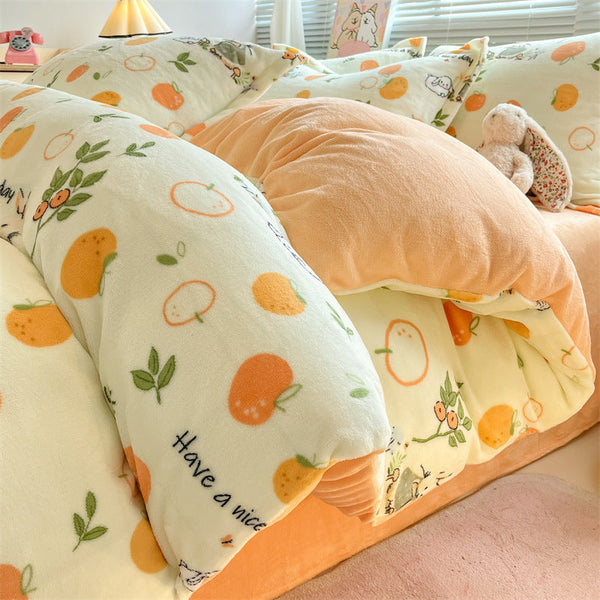 Winter thickened warm double-sided milk fleece bed four-piece set cartoon small fresh bed sheet mattress bed package batch delivery