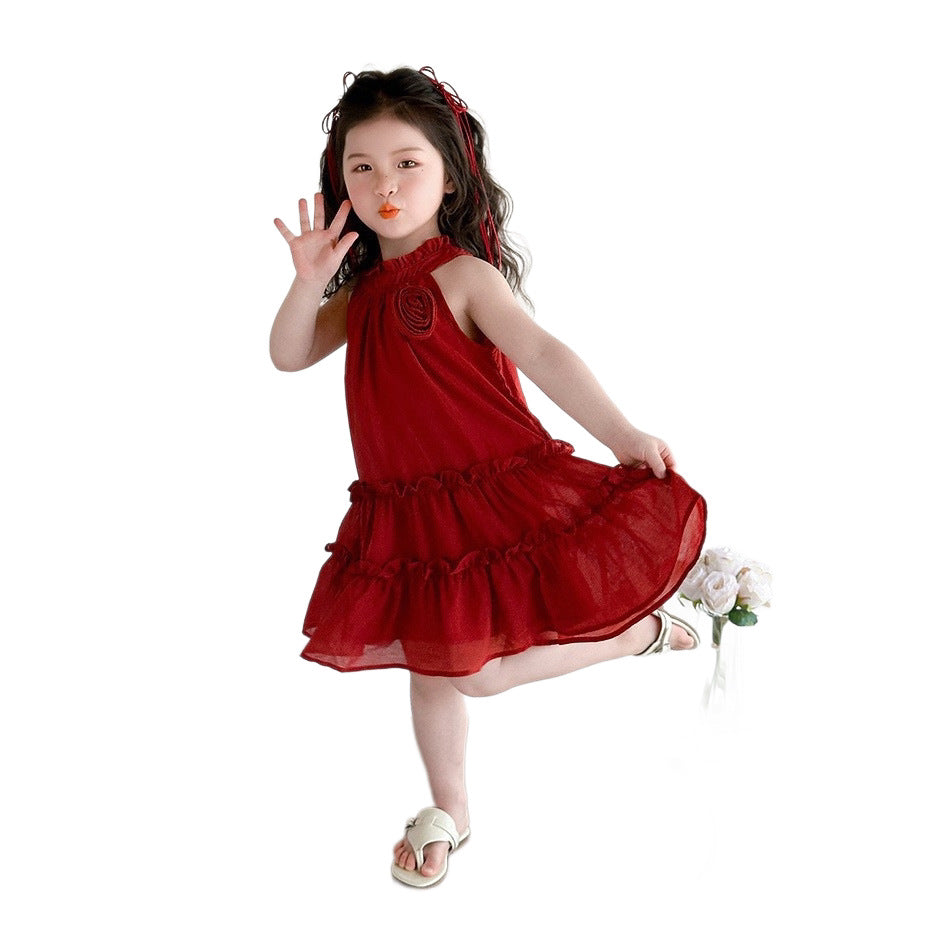 new girls' red rose halter dress - kids' princess cake dress - stylish summer outfit for little girls