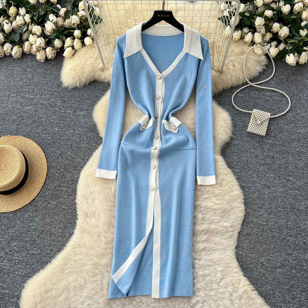 French chic color block v-neck single-breasted knit dress - slim fit bodycon maxi dress