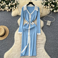 French chic color block v-neck single-breasted knit dress - slim fit bodycon maxi dress