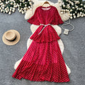 French red polka dot short-sleeve a-line dress - women's summer slimming cake dress - elegant commute maxi dress