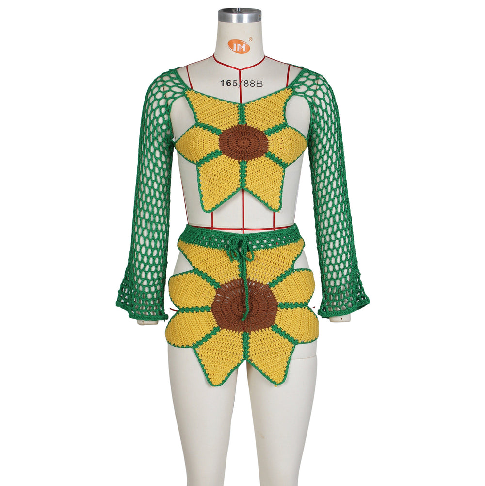 Hot-selling european and american women's beach outfit for independent stores: sexy hand-crocheted sunflower fashion set