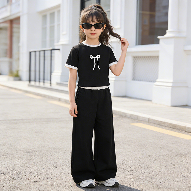 Girls'  short-sleeve lightweight outfit set: wide-leg pants, thin summer style, new butterfly two-piece set for girls