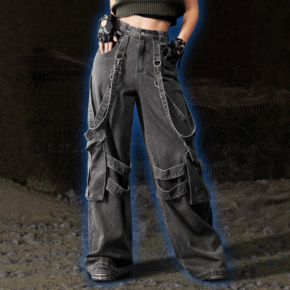 Amazon tiktok pinduoduo foreign trade cross-border fashion gothic style straps multi-pocket distressed gray workwear wide legs