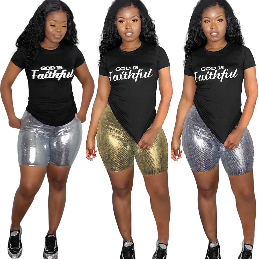 S390121 european and american style women's summer casual fashion letter print short sleeve t-shirt and capri pants - sold separately