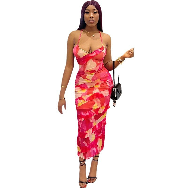 European and american style ins foreign trade women's fashion printed sexy camisole backless tie-up irregular dress trendy dress