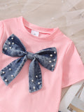 Baby clothing kids set children outfit pink tops+denim skirt