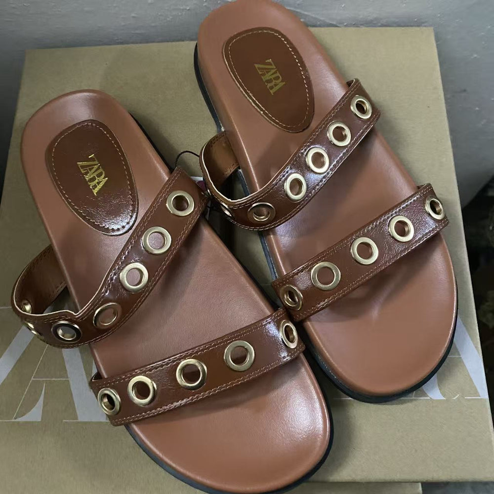 Za2025 new black women's french-style clog sandals with copper buckle detail, chunky sole, open toe, single strap, low heel, and hole design