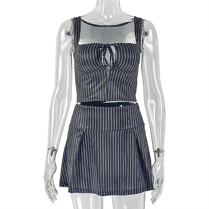 Fashion style cross-border easiest for match street topstripesprinting skirt suit suspendershort waist wrap chest two-piece set women's clothing trend