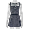 Fashion style cross-border easiest for match street topstripesprinting skirt suit suspendershort waist wrap chest two-piece set women's clothing trend