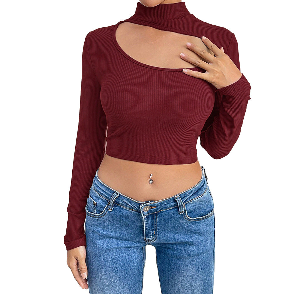 Cross-border European and American women's clothing 2024 autumn and winter design sense hollow semi-turtleneck long-sleeved bottoming shirt with knitted top