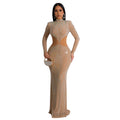 C6863 cross-border   fashion women's solid color mesh rhinestone long dress