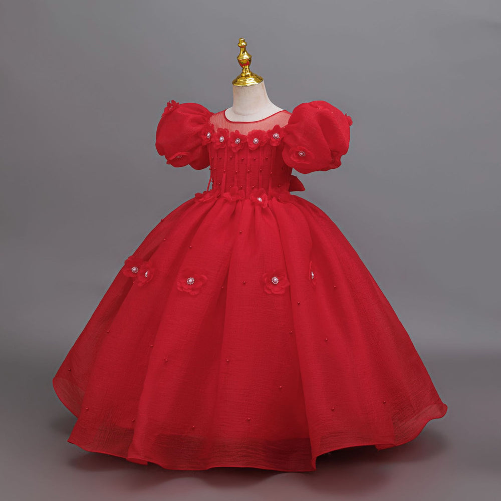 Ready-to-ship children's formal dress: bubble sleeve floral wedding dress, princess party dress for girls