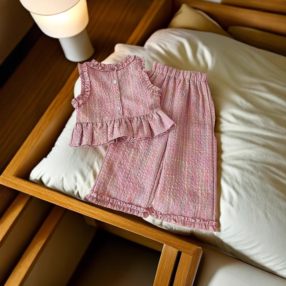 Girls' summer outfit: new, stylish, and trendy wide-leg pants set for kids - lightweight plaid two-piece set for baby girls