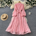 French romantic stand collar lantern sleeve lace dress - women's slimming a-line maxi dress with elegant mesh detail