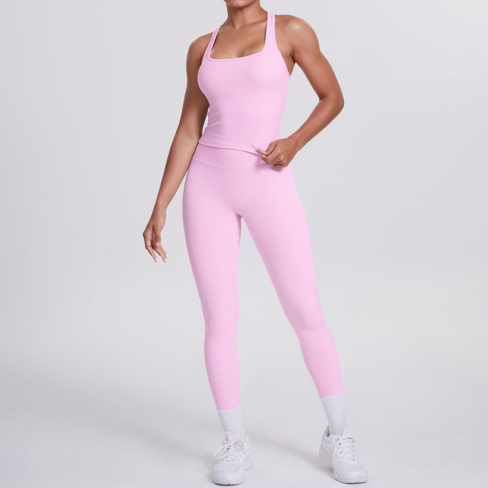 fashion double-sided brushed pure color tight i-shaped back sports suit running fitness yoga clothes two-piece set