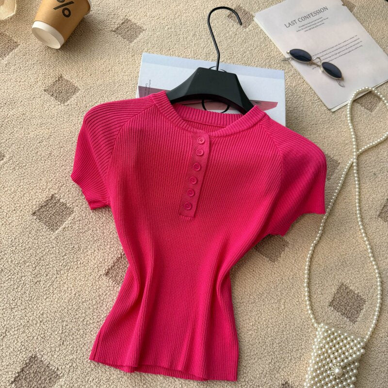 Old money style knittingcasualpure colorcasual women's summereasiest for matchslimming look single breastedv neckwork clothingtops multi-color