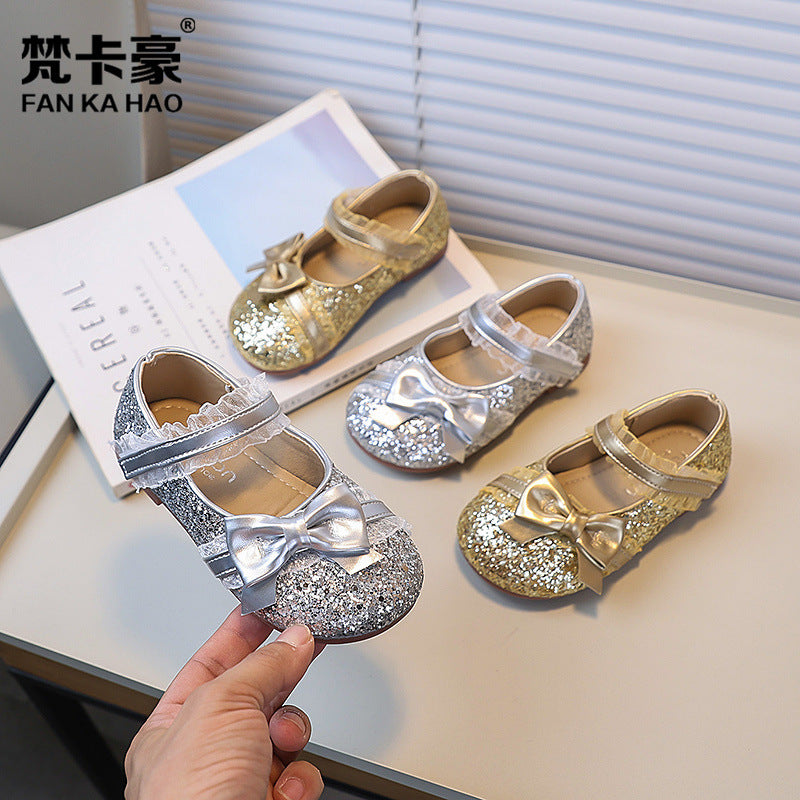 Vancahao girls' fashion sequin bow princess shoes, new korean style children's single shoes and dance shoes for spring/autumn
