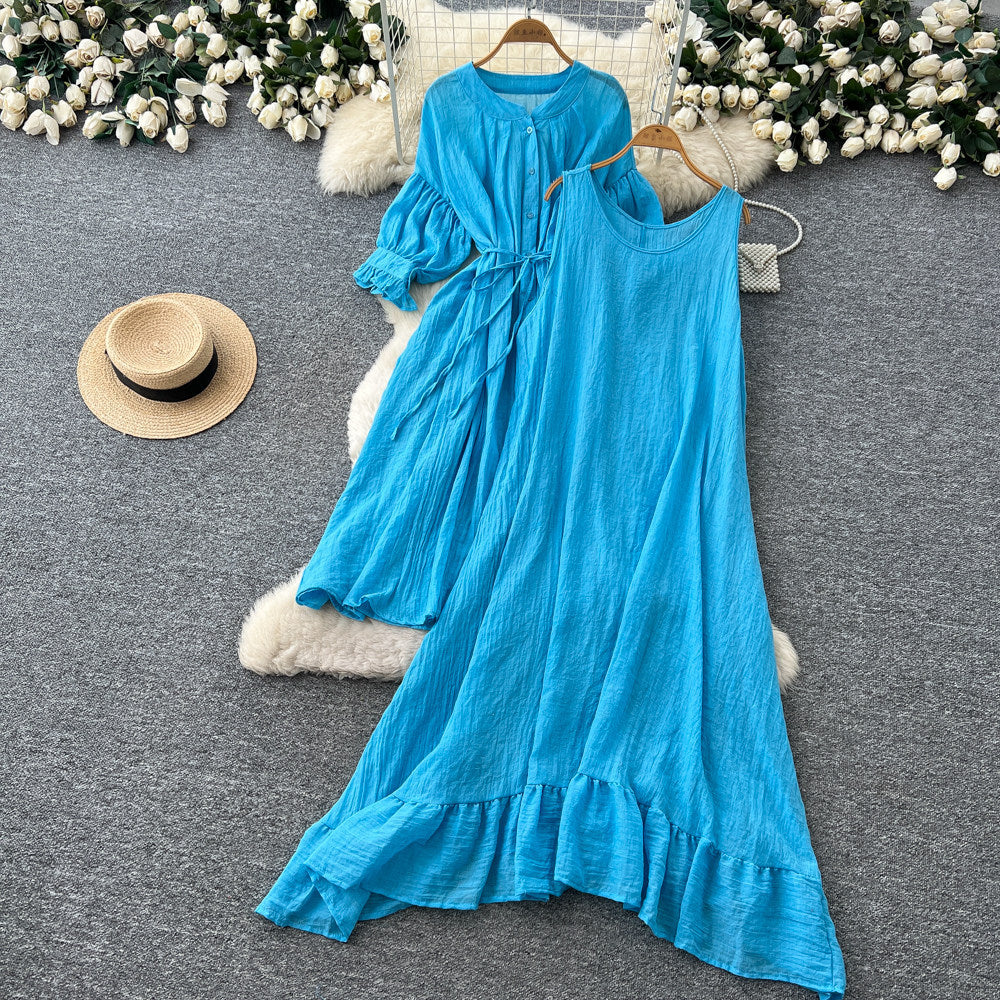 Vacation style yellow ruffles pleated two-piece set female spring autumslimming lookelegantwork clothingsuit skirt classy sense