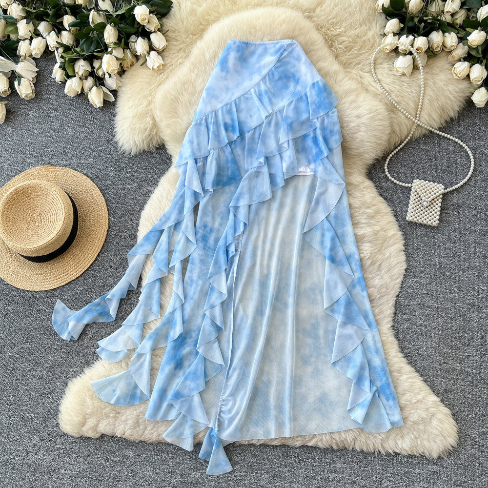 K-style tie-dye ruffles a-line skirt for women summerhigh waistslimming lookasymmetricalelegant mid-length skirtwork clothing