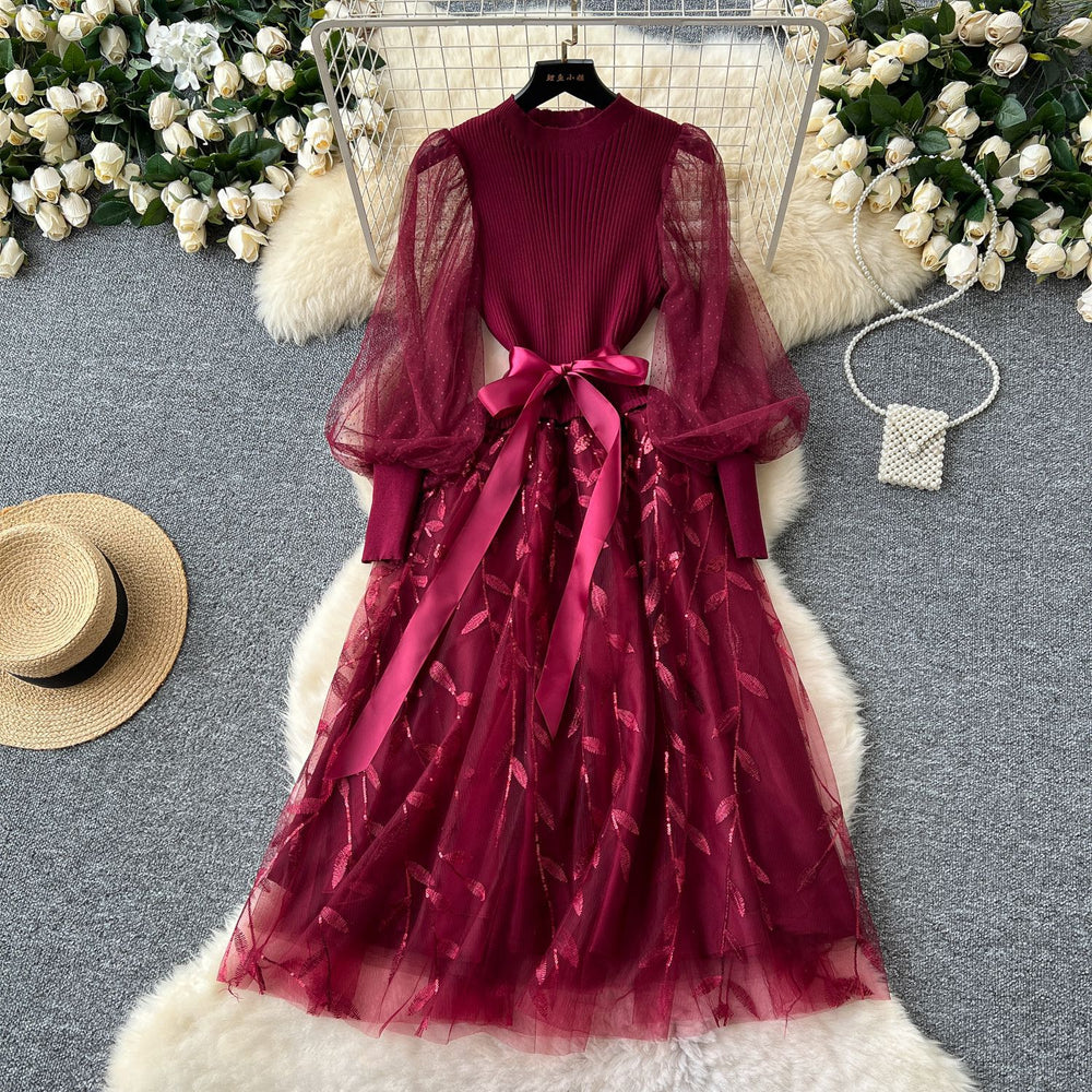 French chic embroidered mesh lantern sleeve knit patchwork waist-tie flared fairy dress