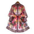 Fashionable and high-end positioning printing lantern sleeves tie back waist stand collar single-breasted fluffy elegancedress