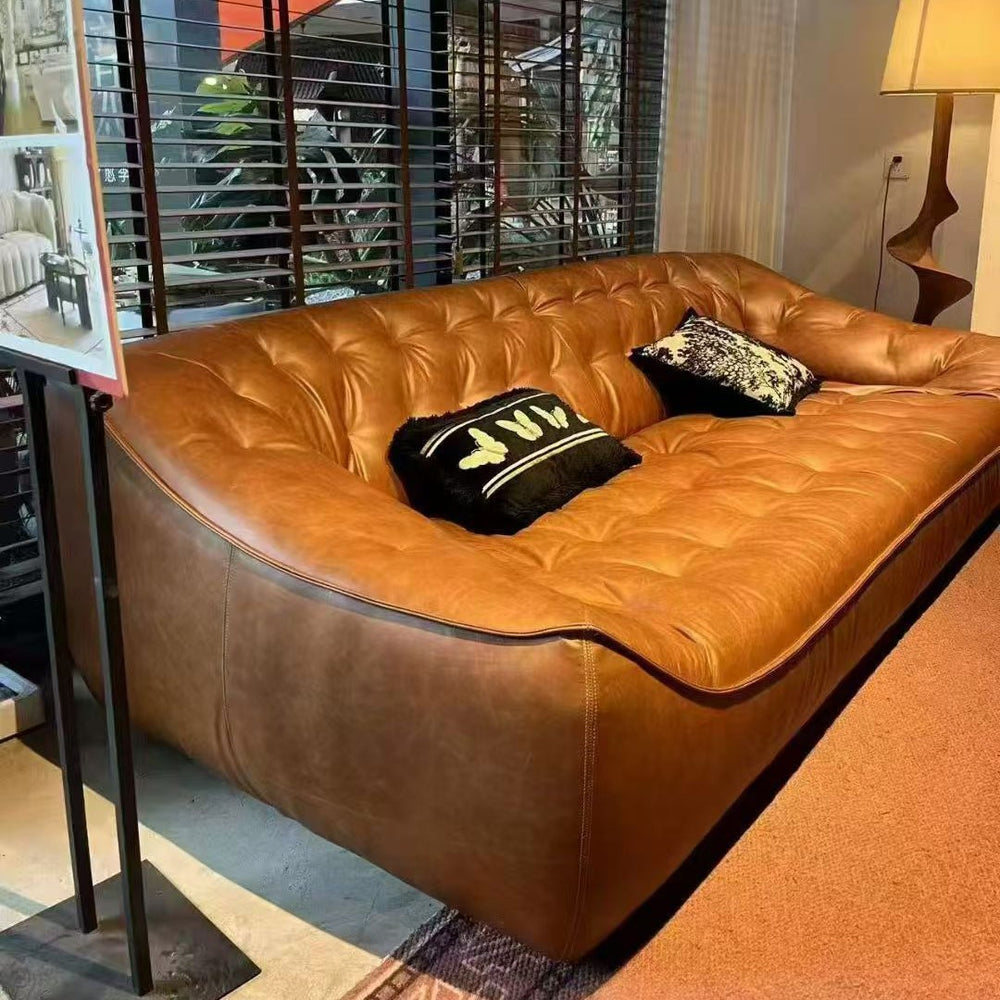 Bean bag sofa retro oil wax leather medieval style designer living room straight row three-person slotaccessible luxury first-layer cowhide sofa