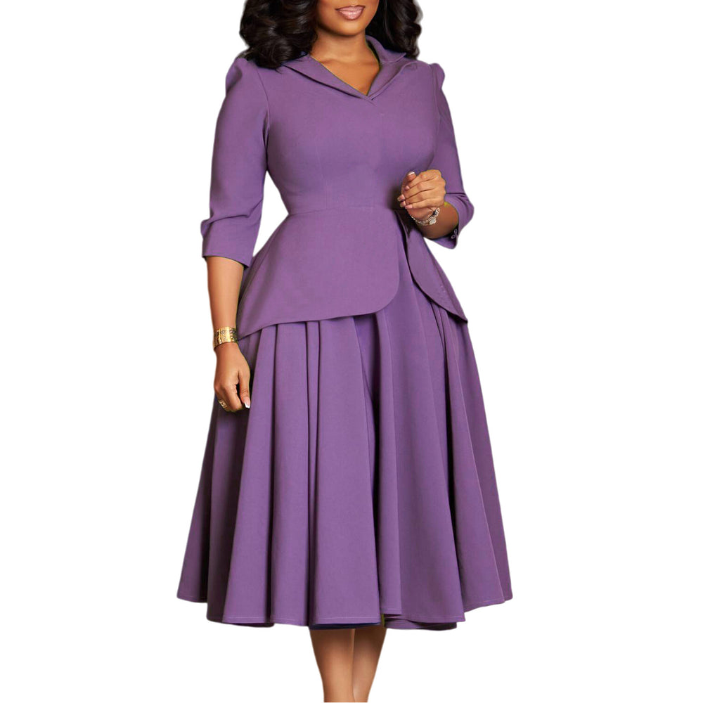 D3351 european and american style women's autumn fashion three-quarter sleeve blazer collar solid color large skirt plus size african dress