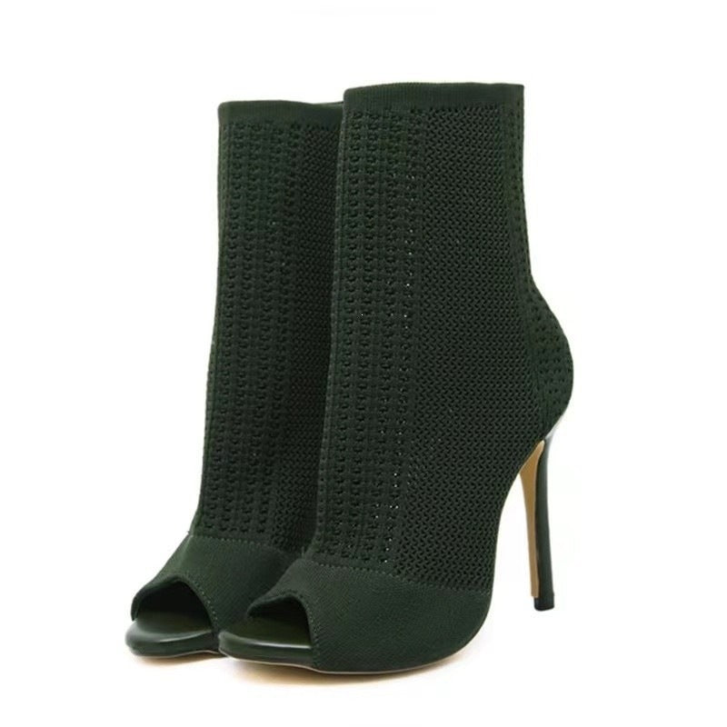 European and american new 2026 peep-toe hollow-out flyknit size 43 high heel ankle boots women's cross-border export stiletto fashion sandals