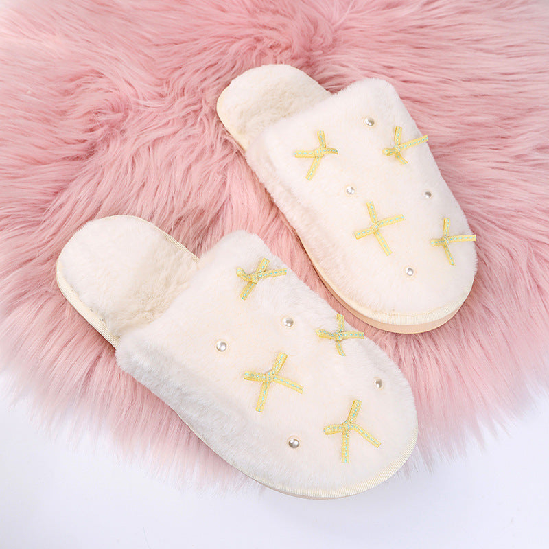 Cute girly ins style cotton slippers for women indoor flatsfor homeheattechfall and winterbowspopular furry slippers