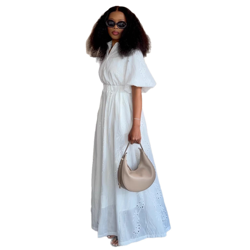 Fashion cross-border women's clothing  summer new elegant lapel puff sleeve cut out shirt high waist skirt suit