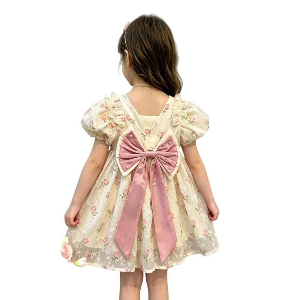 summer new arrival: baby girl's lace mesh floral dress with cute big bow - sweet and adorable princess dress
