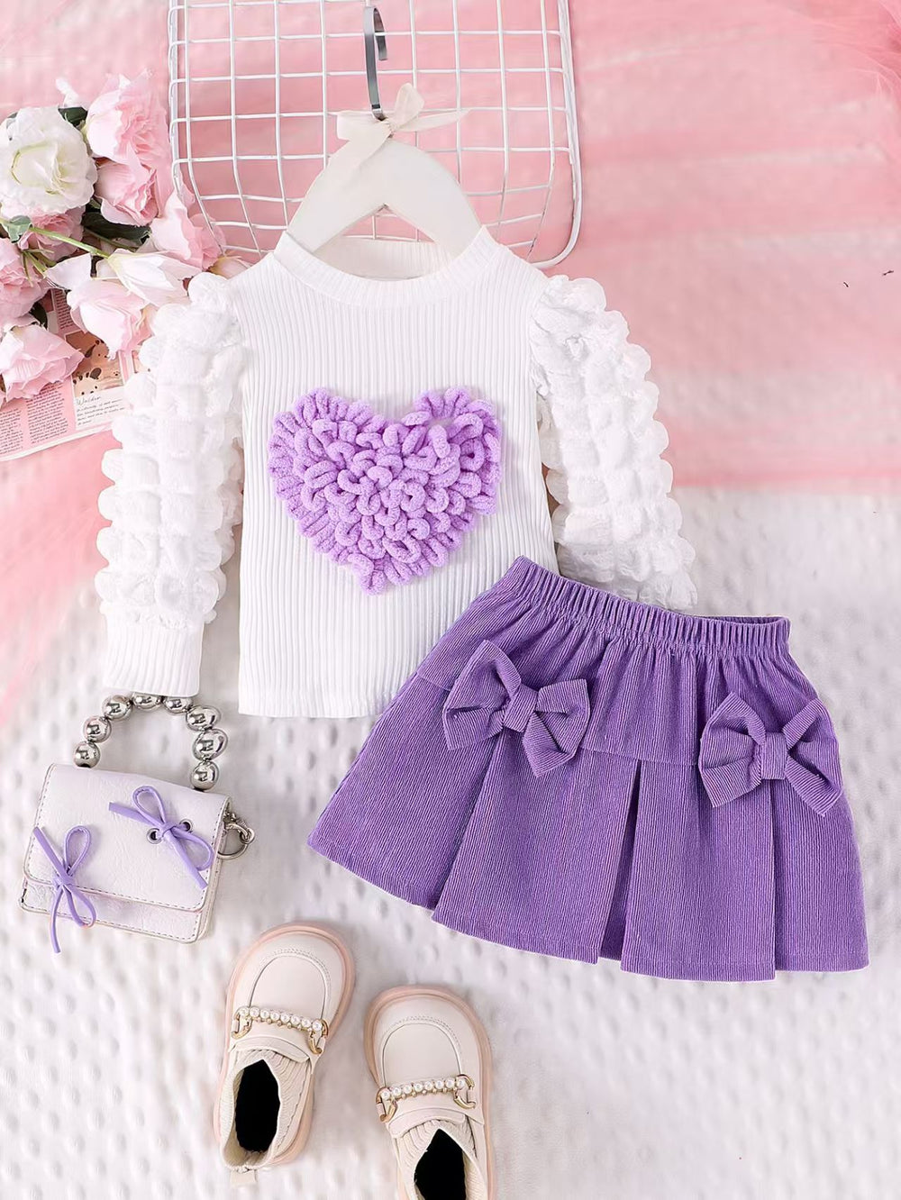 Children's clothingnew girl sweatshirt hearttops+pink bell bottoms two-piece set