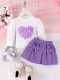 Children's clothing new arrival puff sleeve heart chapter tops+rose red bows skirt set