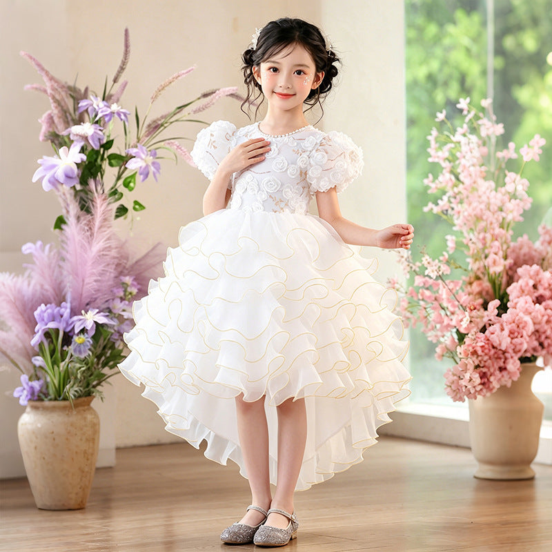 Girl dress trailing flower girl wedding dress puff sleeves new arrival cake skirt kids princess dressgirl dress